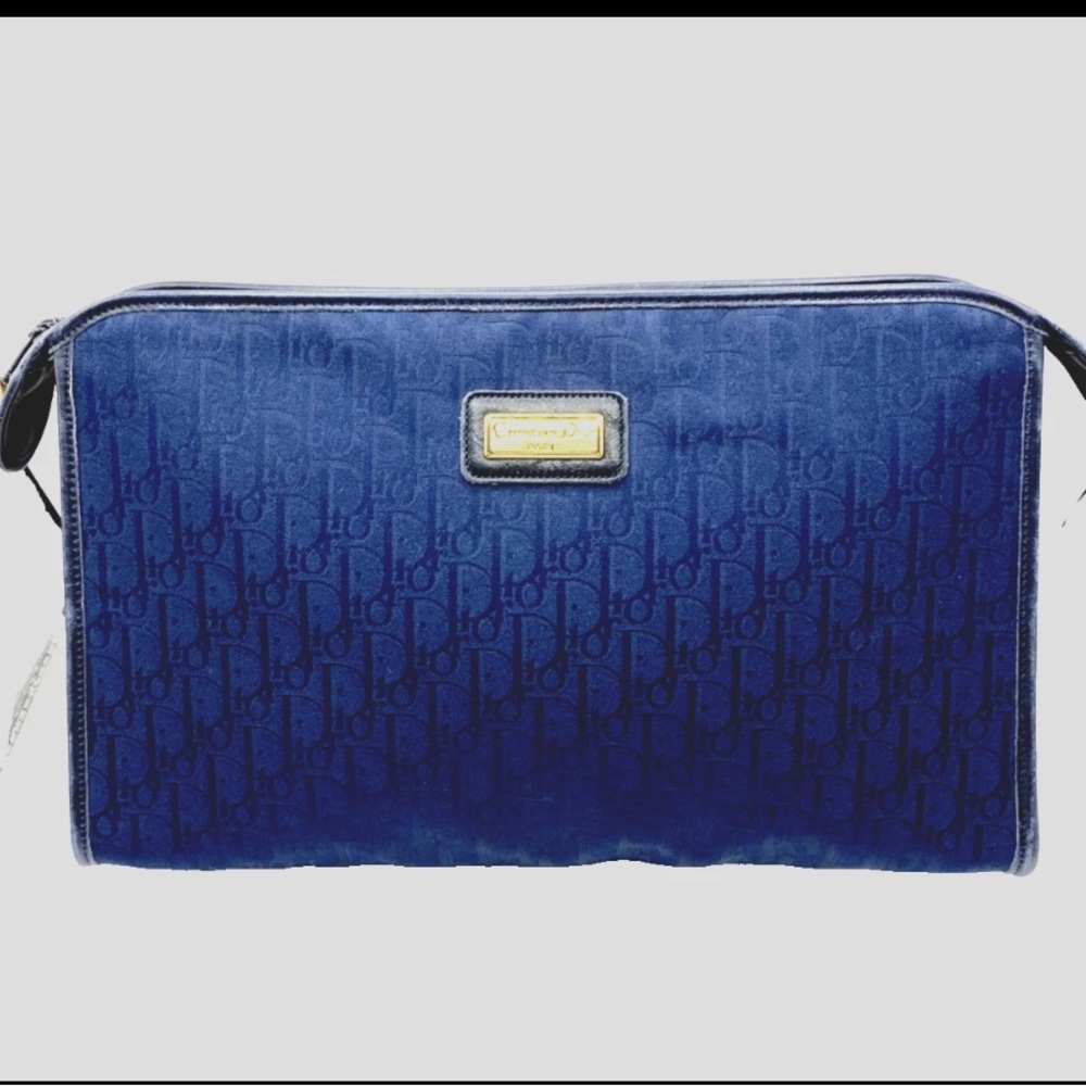 Dior Vintage Authentic Navy Canvas Logo Large Clutch Crossbody with Two Straps